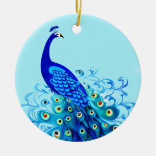 Adorno De Cerámica Pavo real en azul turquesa y cobalto