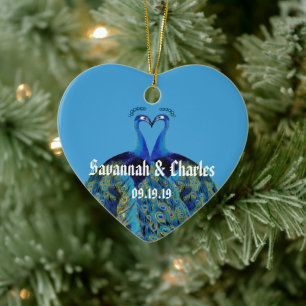 Adorno De Cerámica Pavos Reales Azul Marino Teal Besándose 1er Navida