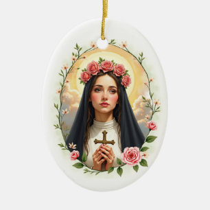 Adorno De Cerámica Paz de Dios de San Rosa de Lima con Rosas