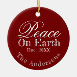 Adorno De Cerámica Peace On Earth Minimalist Script Christmas Red