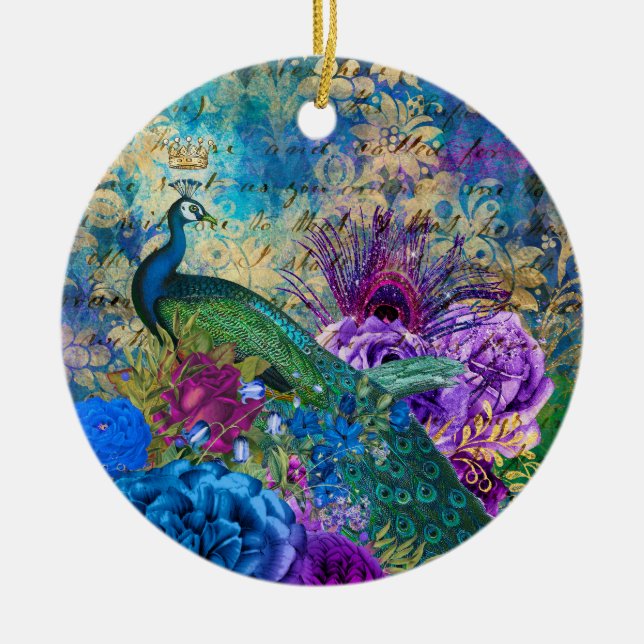 Adorno De Cerámica Peacock y Flores Ilustrados Antiguos Grunge (Frente)