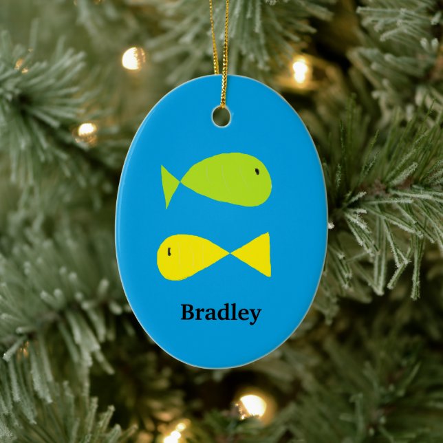 Adorno De Cerámica Peces verdes y amarillos lisos en azul (Árbol)