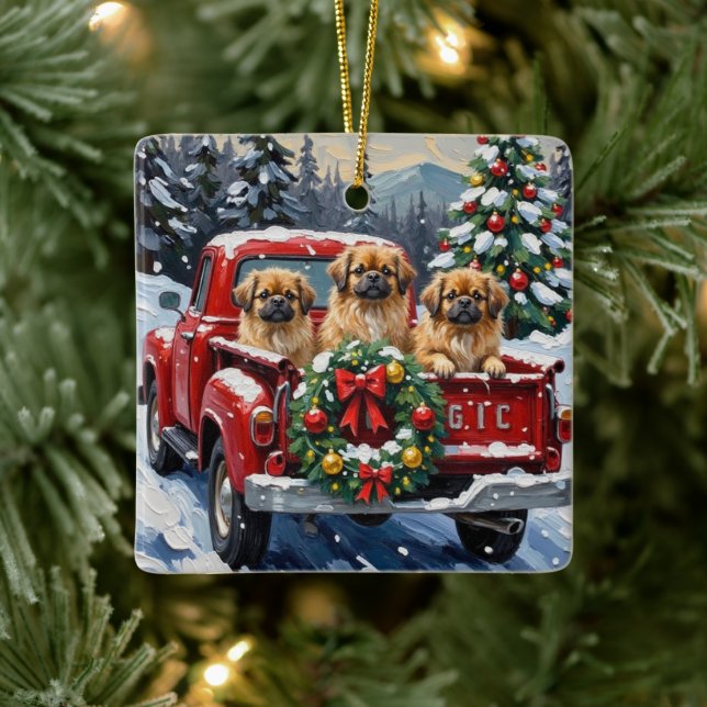Adorno De Cerámica Pekingese Christmas Red Truck Holiday (Árbol)
