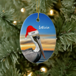 Adorno De Cerámica Pelican en Santa Hat Navidades