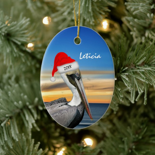 Adorno De Cerámica Pelican en Santa Hat Navidades (Árbol)