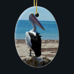 Adorno De Cerámica Pelican On Beach Rock<br><div class="desc">Un pelícano hambriento,  muy guapo,  espera a los borlos de pescado.</div>
