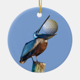 Adorno De Cerámica Pelícano de Brown con la pelota de golf