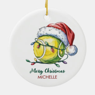Adorno De Cerámica Pelota de tenis con sombrero de Santa personalizad