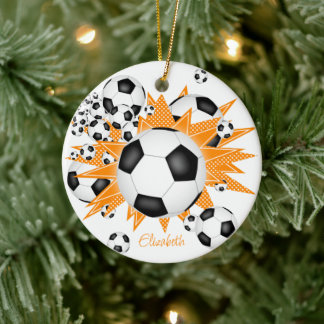 Adorno De Cerámica pelotas de fútbol naranjas estrellas grises chicas