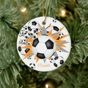 Adorno De Cerámica pelotas de fútbol naranjas estrellas grises chicas