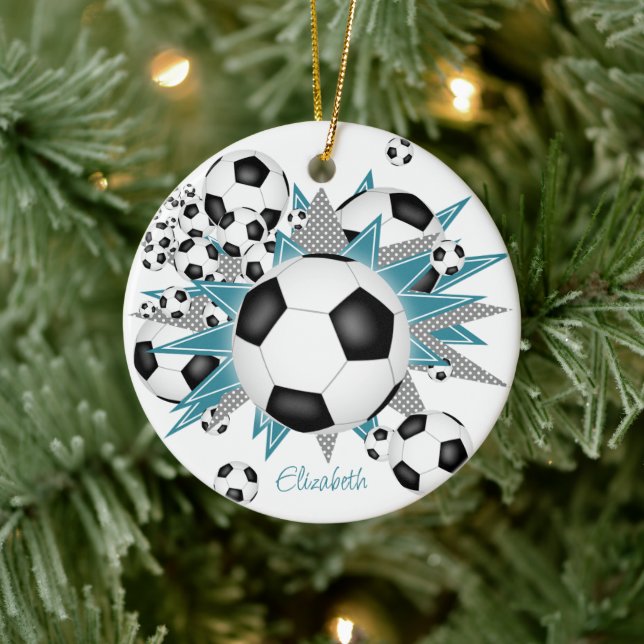 Adorno De Cerámica pelotas de fútbol verde azuladas estrellas grises  (Árbol)