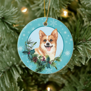 Adorno De Cerámica Pembroke Corgi Evergreen Blue Snflake Border