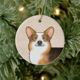 Adorno De Cerámica Pembroke Welsh Corgi Tricolor de Cabeza Roja y Nom