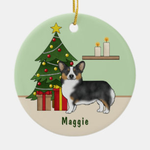 Adorno De Cerámica Pembroke Welsh Corgi Tricolor Negro Árbol de Navid
