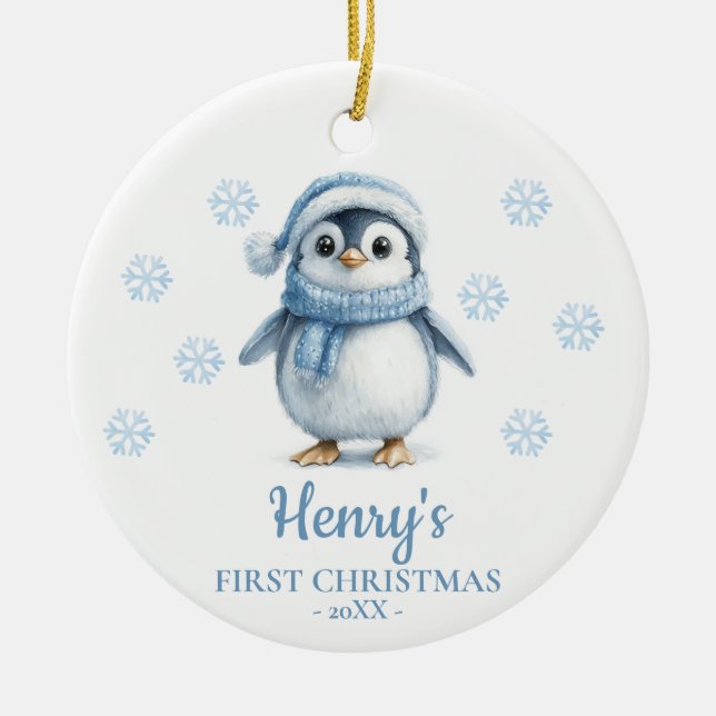 Adorno De Cerámica Penguin Personalized Baby's First Christmas (Frente)