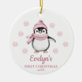 Adorno De Cerámica Penguin Personalized Girl's First Christmas