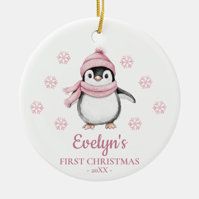 Adorno De Cerámica Penguin Personalized Girl's First Christmas (Frente)