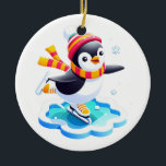 Adorno De Cerámica Penguin Winter Wonderland<br><div class="desc">¡Este adorable pingüino está haciendo un patinaje sobre hielo! Perfecto para añadir un toque de diversión de invierno a su decoración de vacaciones. Este diseño bonito y alegre te dará una sonrisa en la cara.</div>