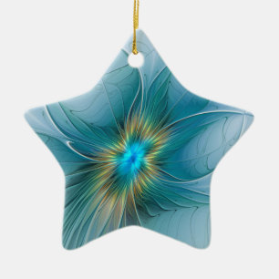 Adorno De Cerámica Pequeña belleza arte fractal flor azul moderno oro