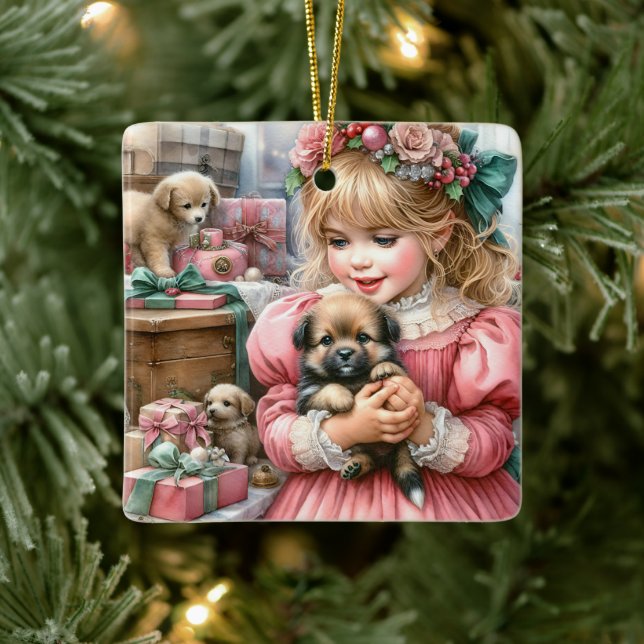 Adorno De Cerámica Pequeña Chica de época en rosa con Navidades de ca (Árbol)