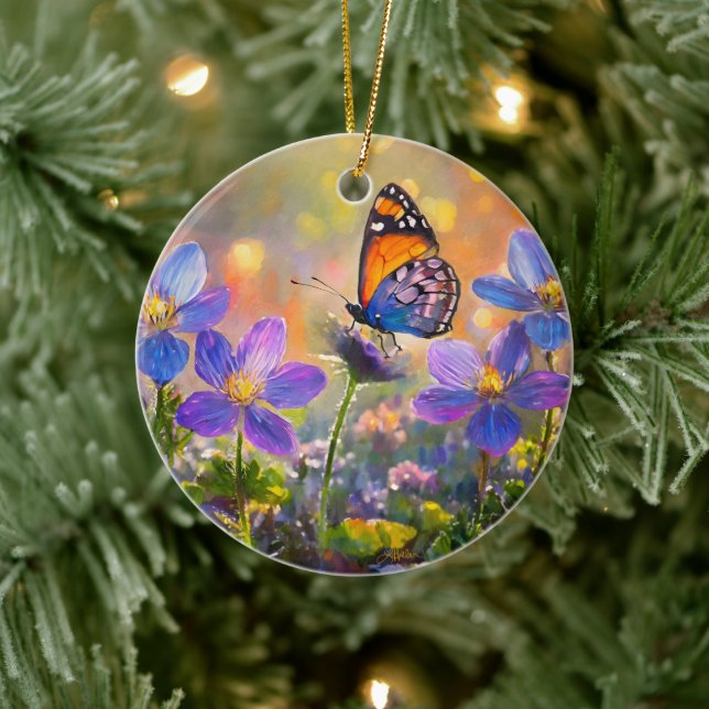 Adorno De Cerámica Pequeña mariposa en flores silvestres al amanecer (Árbol)
