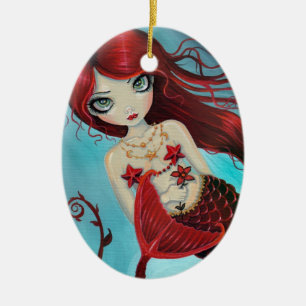 Adorno De Cerámica Pequeña Sirena Roja Rubí Arte Fantasía