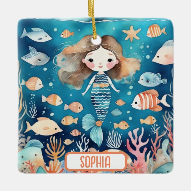 Adorno De Cerámica Pequeña sirena suave bajo el mar con pescado de co (Anverso)