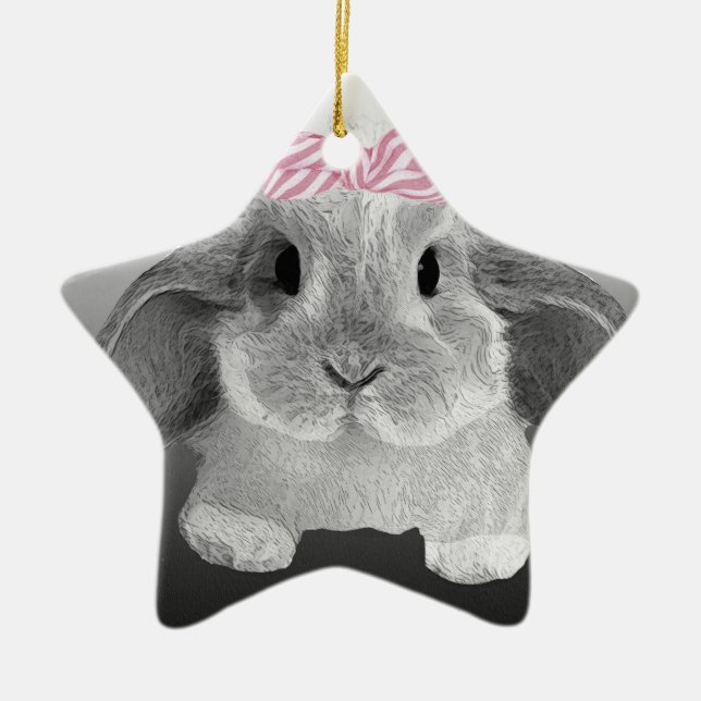 Adorno De Cerámica Pequeño conejito adorable con un arco rosado (Frente)