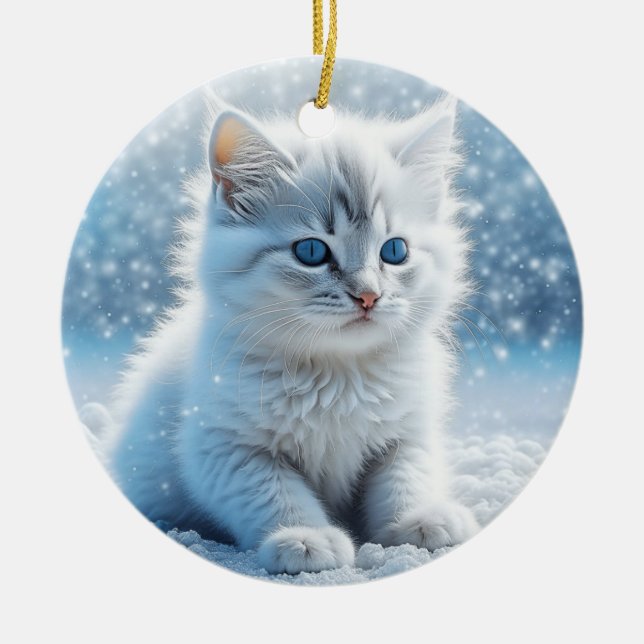 Adorno De Cerámica Pequeño gatito blanco en Navidades personalizados  (Frente)