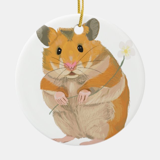 Adorno De Cerámica Pequeño Hamster lindo sosteniendo una flor (Frente)