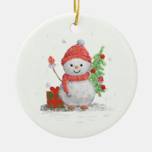 Adorno De Cerámica pequeño muñeco de nieve con el árbol de navidad