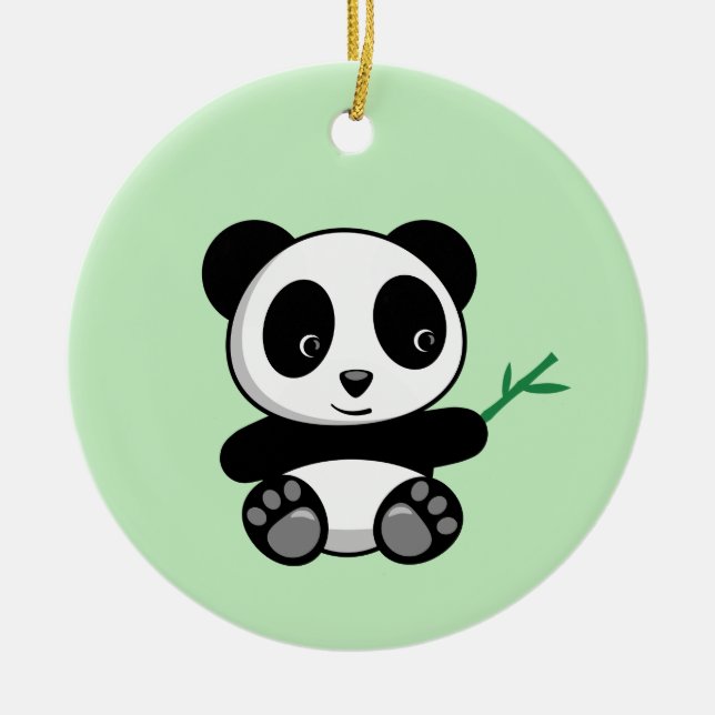 Adorno De Cerámica Pequeño panda lindo con palo de bambú en verde (Frente)