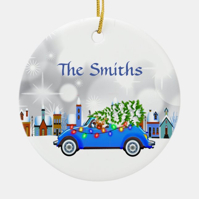Adorno De Cerámica Pequeño Personalizado de Navidades de coches y árb (Frente)