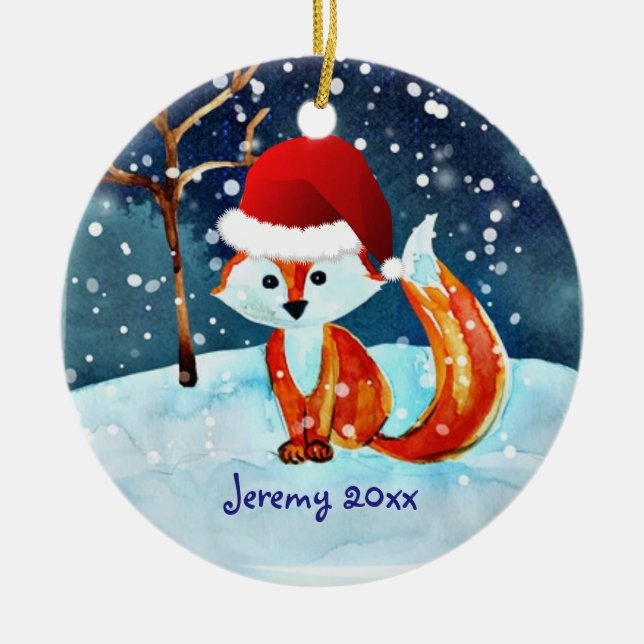 Adorno De Cerámica Pequeño zorro rojo en Santa Hat (Frente)