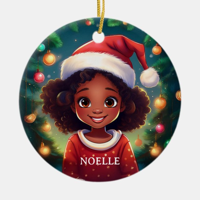 Adorno De Cerámica Pequeños Navidades Chicas negros Santa Hat (Frente)