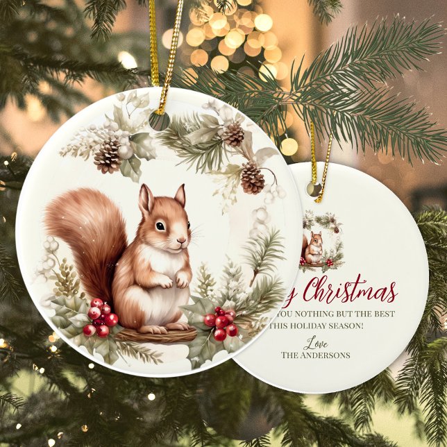 Adorno De Cerámica Pequeños Navidades chipmunk wreath woodland animal (Cute chipmunk forest woodland  personalized Christmas ornament)