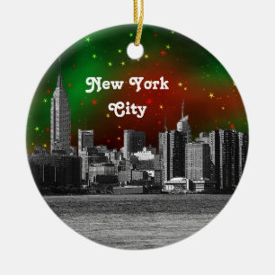 Adorno De Cerámica Perfil de NYC Grabado ESB Rojo y Verde Cielo Estre
