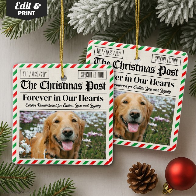 Adorno De Cerámica Periódico personalizado de pérdida de mascota en N (Custom Christmas Pet Loss Newspaper, Dog Memorial Ceramic Ornament)