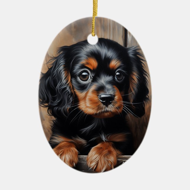 Adorno De Cerámica Perrito Cavalier negro y marrón (Frente)