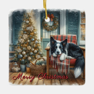 Adorno De Cerámica Perrito de Navidad Border Collie acuarela