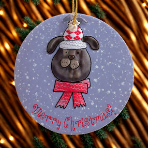 Adorno De Cerámica Perrito de Navidad con gorro y bufanda de punto