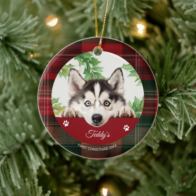 Adorno De Cerámica Perrito Husky Siberiano Personalizado de Navidad (Árbol)