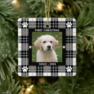 Adorno De Cerámica Perrito PRIMERA NAVIDAD Cuadro de Plaid Negro Blan