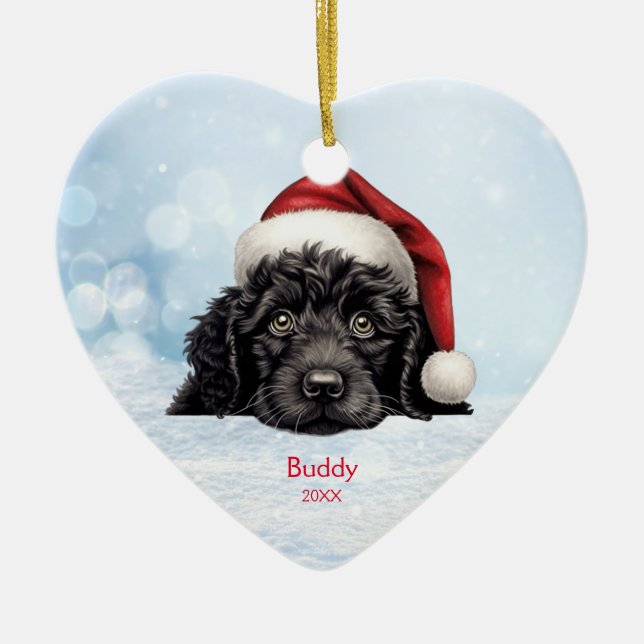 Adorno De Cerámica Perro acuático portugués lindo Santa Hat personali (Frente)