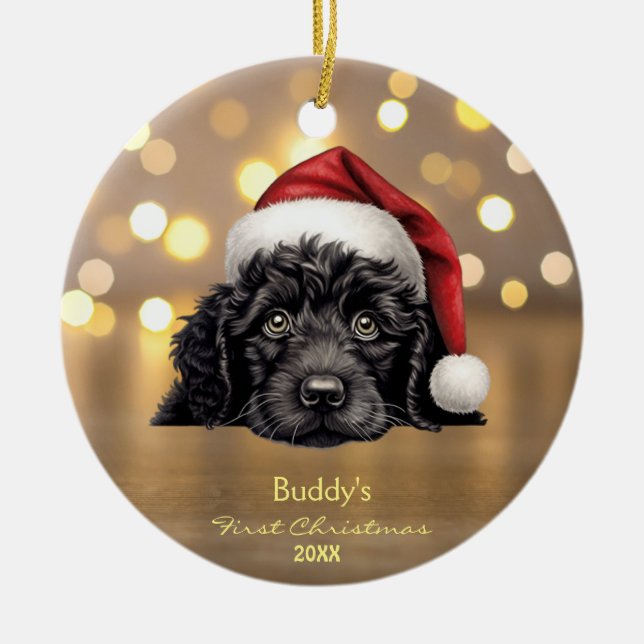 Adorno De Cerámica Perro acuático portugués lindo Santa Hat personali (Frente)