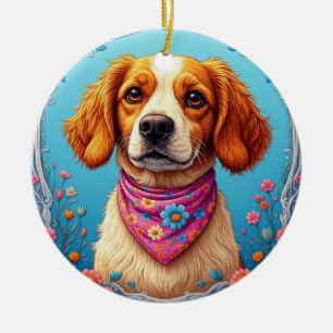 Adorno De Cerámica Perro Adorable Enmarcado por Flores Coloridas