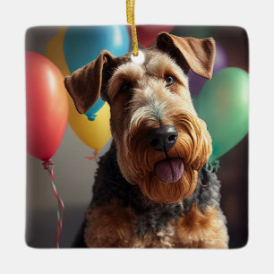 Adorno De Cerámica Perro Airedale con torta y globos
