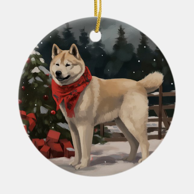 Adorno De Cerámica Perro Akita en Navidades de nieve (Frente)