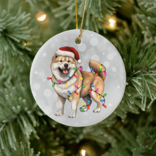 Adorno De Cerámica Perro Akita envuelto en luces Navidades