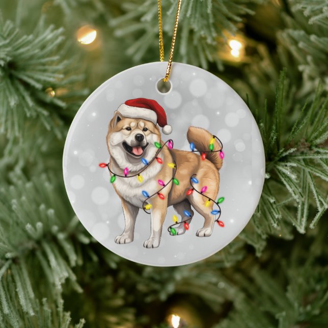 Adorno De Cerámica Perro Akita envuelto en luces Navidades (Árbol)